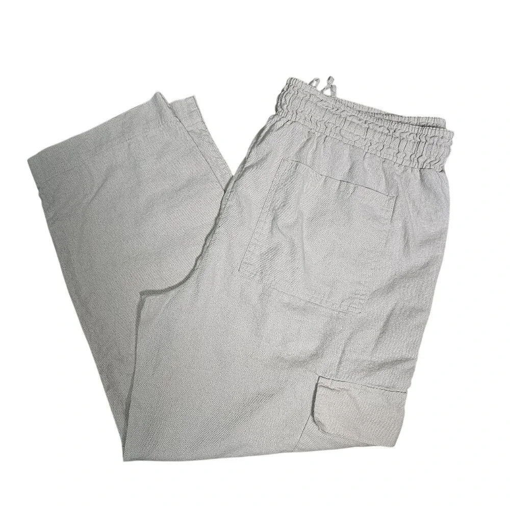 Linen Wide Leg Cargo Pants by Time & True Elastic and Drawstring Oatmeal Color L - Picture 1 of 10